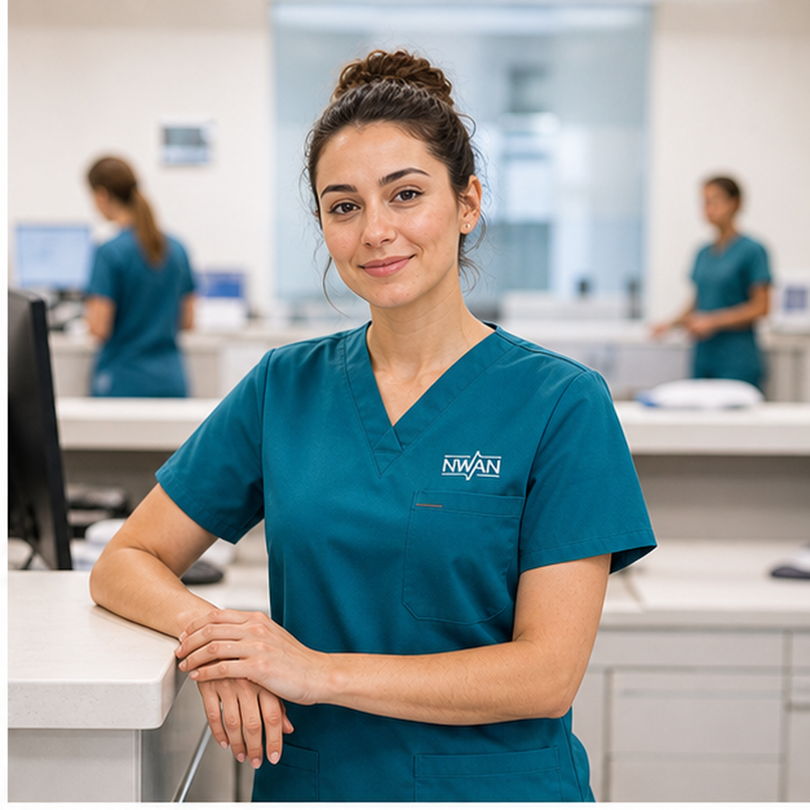 Female clinic staff wearing teal scrub set with embroidered NWAN logo at workstation