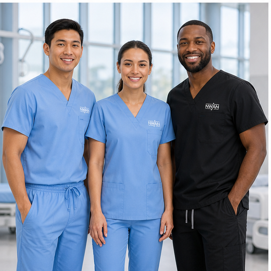 Healthcare team wearing ceil blue and black scrub sets with embroidered NWAN logos