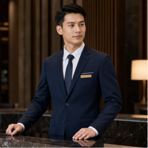 Male hotel front desk staff wearing a navy tailored blazer uniform in a reception setting