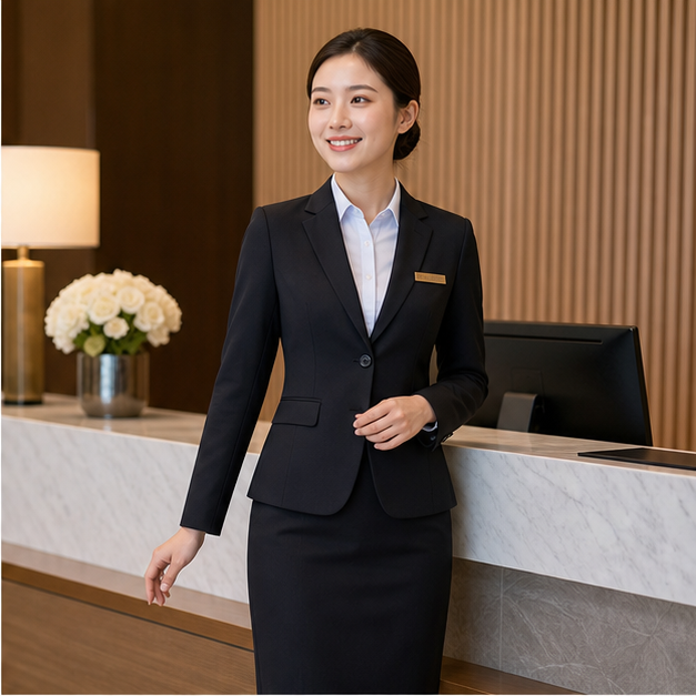 Female hotel reception staff wearing a blazer and skirt uniform set