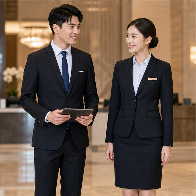 Hotel lobby reception team wearing coordinated suit sets