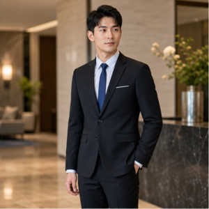 Male hotel reception staff wearing a black blazer and trouser uniform set