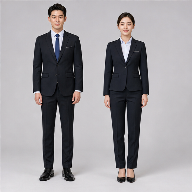 Men and women hotel reception suit sets shown in a clean studio view