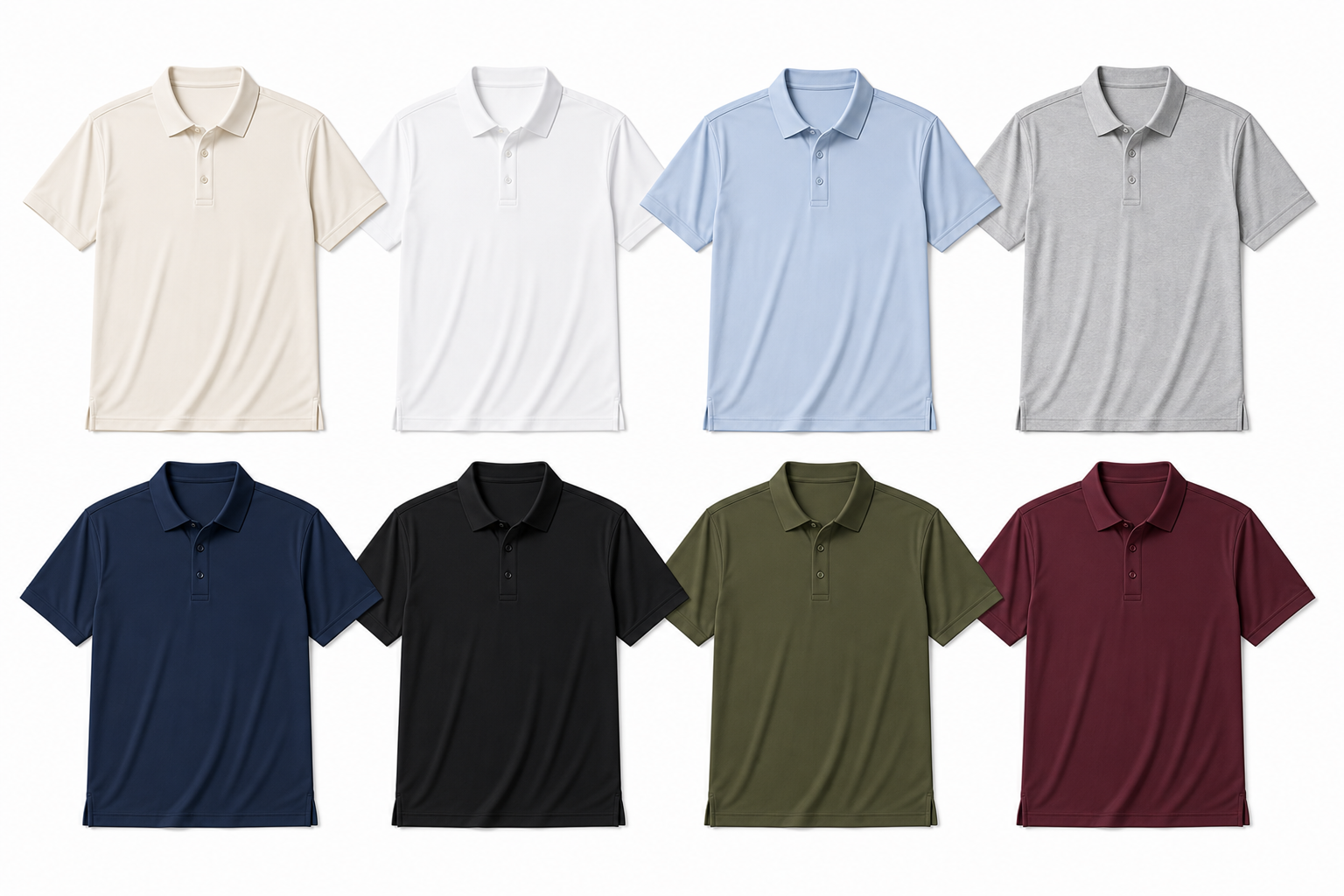 Ivory beige white light blue heather grey navy black olive green and burgundy polo color options