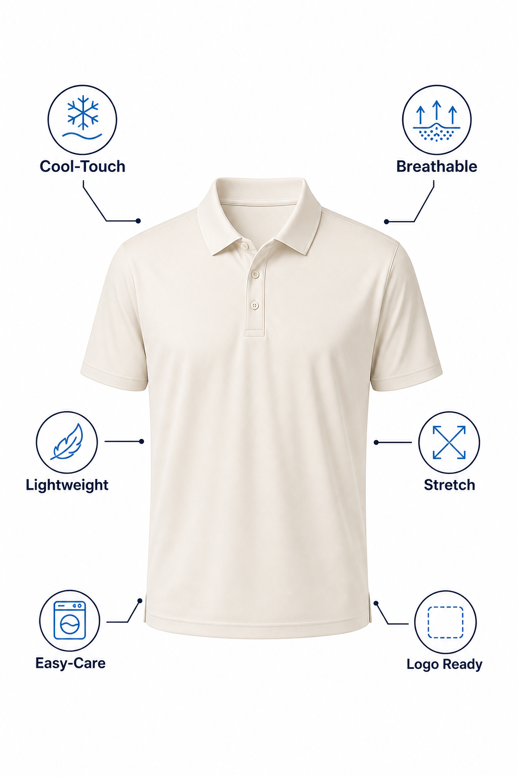 Cool-touch breathable lightweight stretch easy-care and logo-ready feature graphic for ice-silk polo shirts