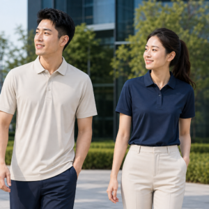 Custom ice-silk business casual polo shirts worn by corporate models