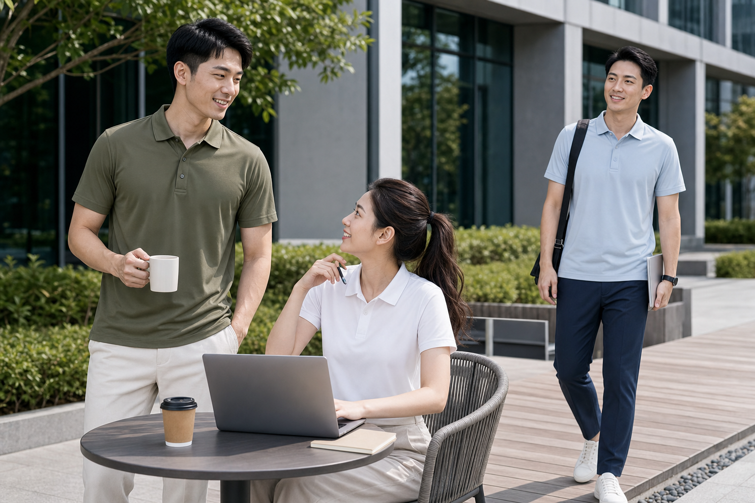 Corporate team wearing ice-silk business casual polo shirts in natural outdoor work setting