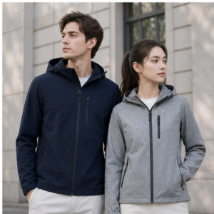 Custom lightweight hooded softshell jackets worn by corporate outdoor team models