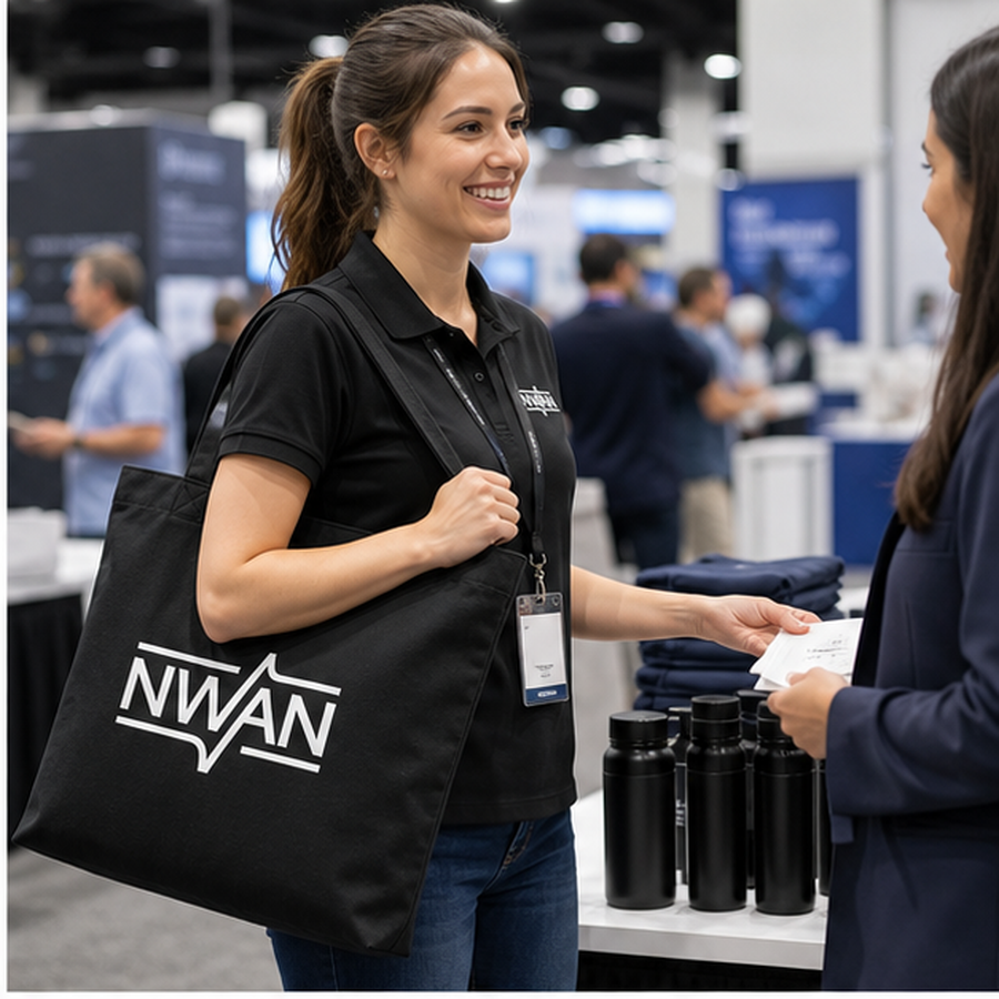 Event staff holding black tote bag with printed NWAN logo