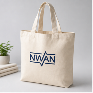 Natural canvas tote bag with printed NWAN logo on front panel