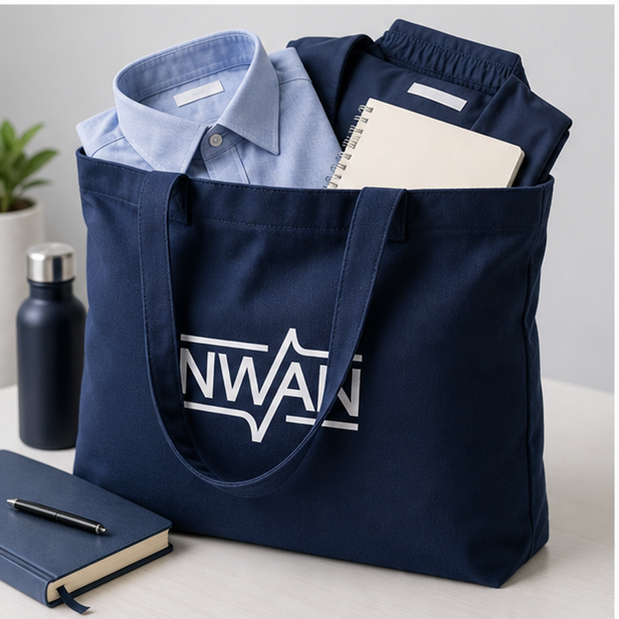 Navy tote bag with apparel and documents for corporate staff kit