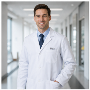 Male doctor wearing white medical lab coat with embroidered NWAN logo in hospital corridor
