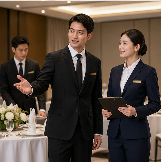 Hotel event service team wearing tailored suit jackets in a banquet environment