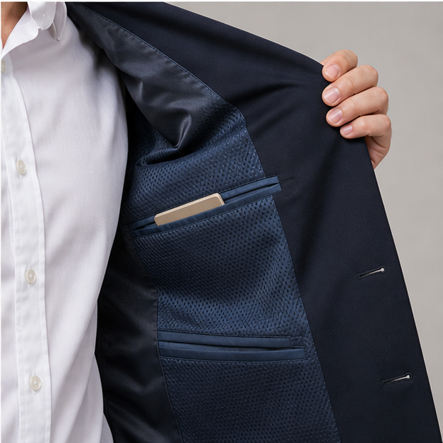 Close detail of breathable lining and pocket construction in a hotel service jacket