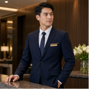 Male hotel service supervisor wearing a navy moisture-management suit jacket