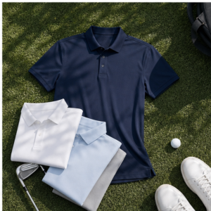 Custom performance business polo shirts flat lay with white navy light blue and grey options