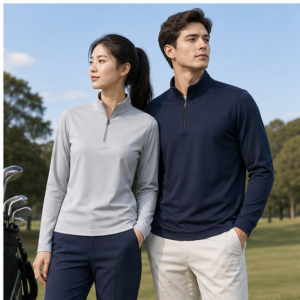 Custom quarter zip performance pullovers worn by corporate golf team models