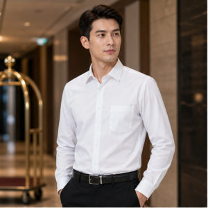 Male hotel staff wearing a white wrinkle-resistant long sleeve dress shirt